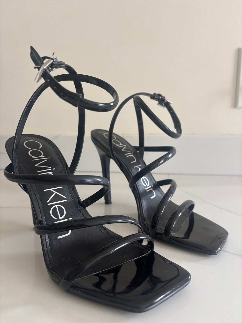 Calvin Klein Black Patent Strappy High-Heel Sandals